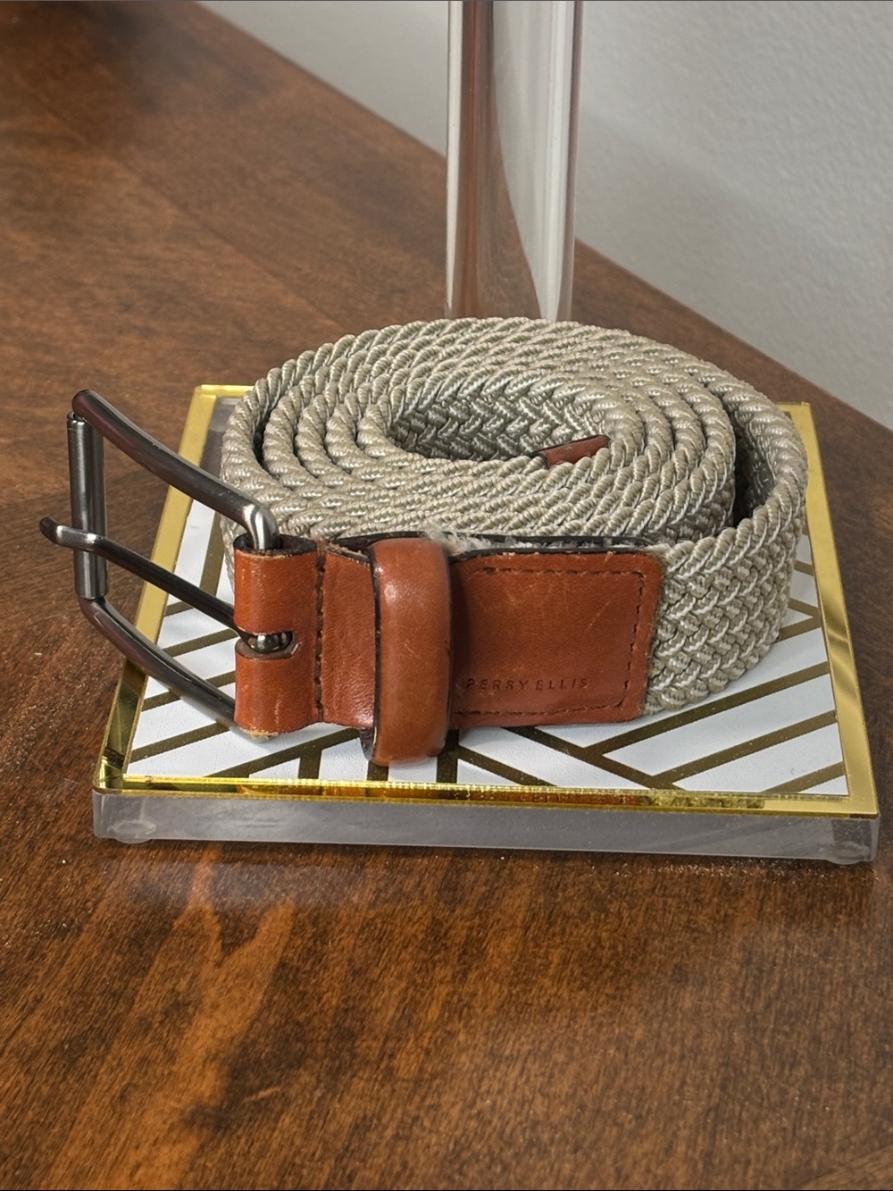 🔥Perry Ellis Beige Woven Belt with Brown Cowhide Leather Trim